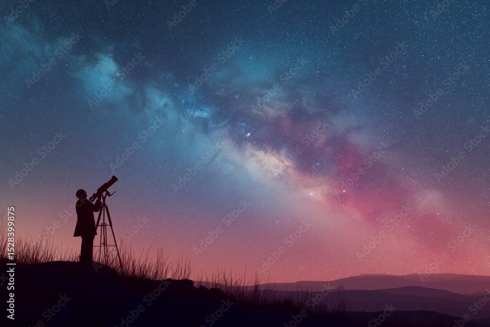 Astronomer Stargazes Beneath Milky Way Sky Astronomer Stargazes Beneath Milky Way Sky