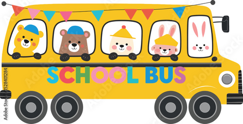 Yellow cartoon school bus with happy children