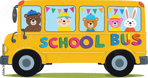 Back to school cartoon vector illustration of a yellow school bus filled with happy children