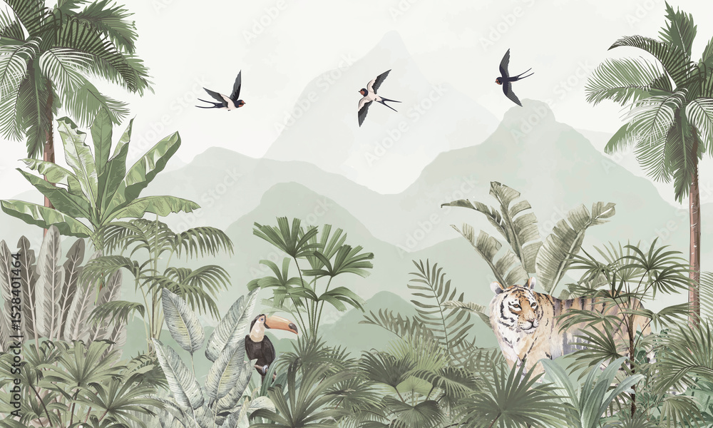 Fototapeta premium Subtle Safari Animals Wallpaper: Toucan, Tiger and Birds in Muted Green Jungle