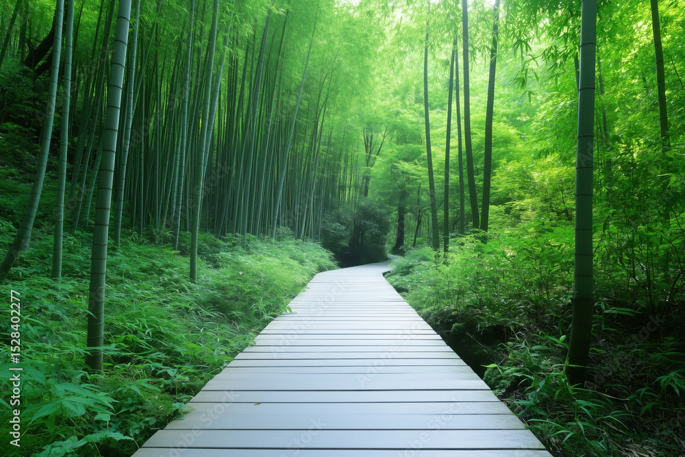 Bamboo forest with wooden footbridge Bamboo forest with wooden footbridge