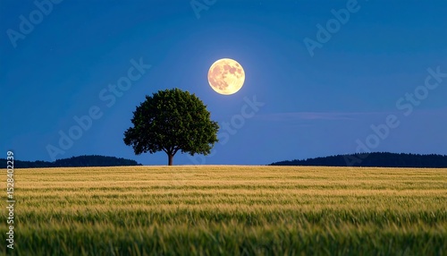 Lone Tree with Full Moon, and Night Field.