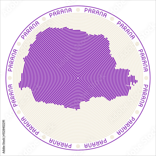 Parana round logo design. State shape built of rings. Parana text around the state. Vector illustration.