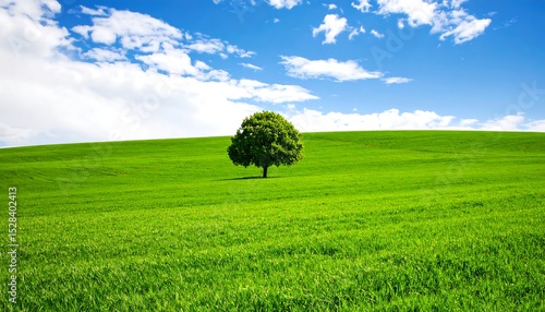 Lone Tree with Green Hill, and Blue Sky.