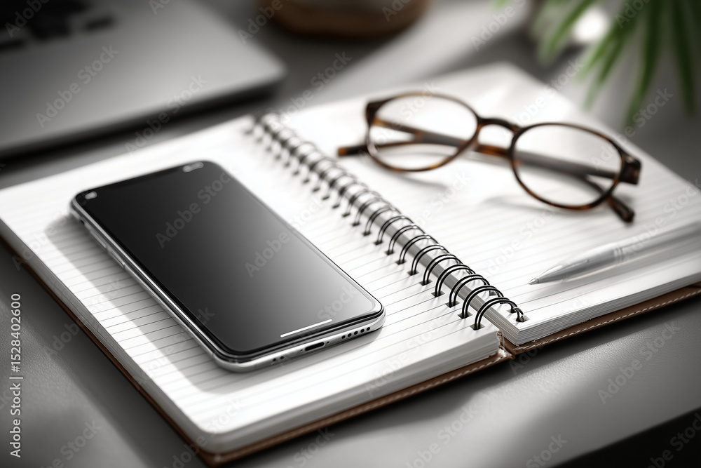 notebook and glasses and phone notebook and glasses and phone