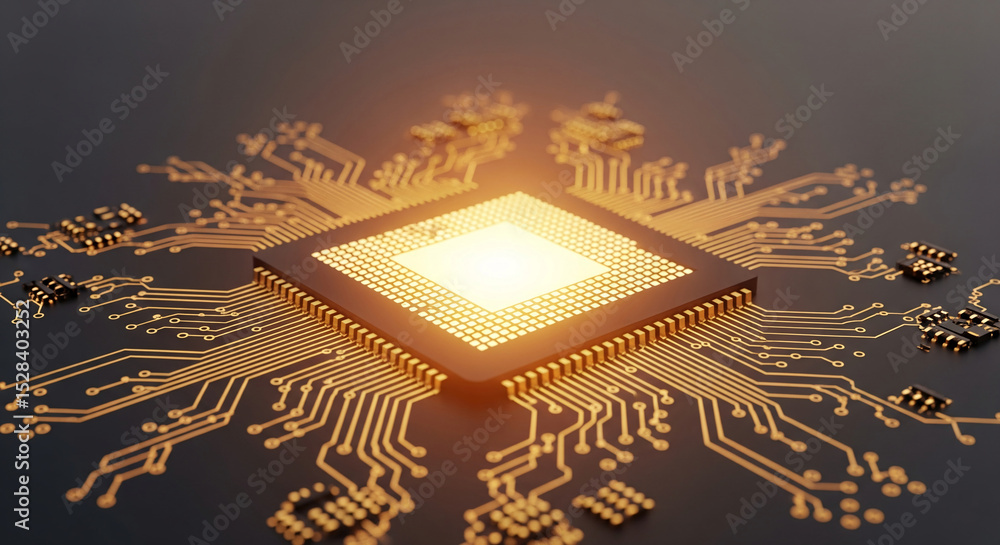 Fototapeta premium Close-up of golden processor on dark circuit board, glowing brightly, symbolizing technology, innovation, and computing power