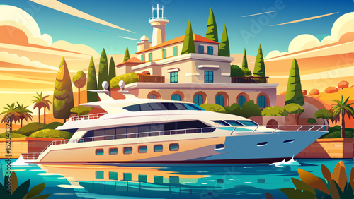 Luxury Yacht at Mediterranean Paradise: A stunning luxury yacht, basking in the Mediterranean sun near a grand villa, exemplifies opulence and travel. Very beautiful