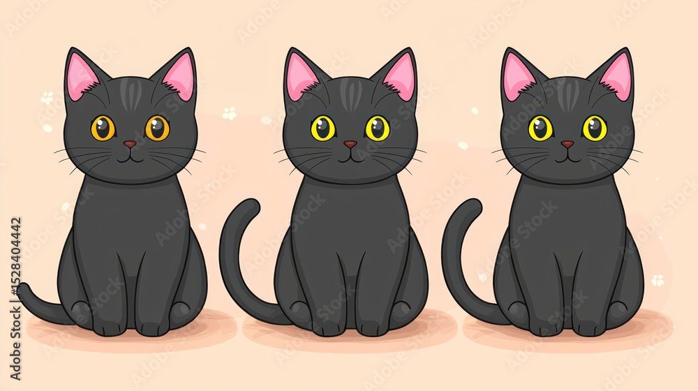Fototapeta Three Cute Cartoon Black Kittens Sitting, Pastel Background