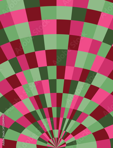 Psychedelic radial checkerboard pattern in vibrant pink and green tones. Eye-catching design for poster art, album covers, and print media