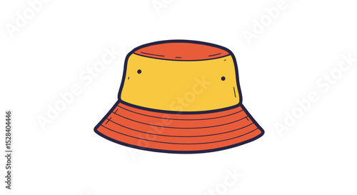 Colorful bucket hat in red and yellow design on white background  