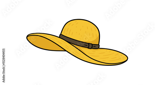 Yellow straw hat with wide brim and brown band  