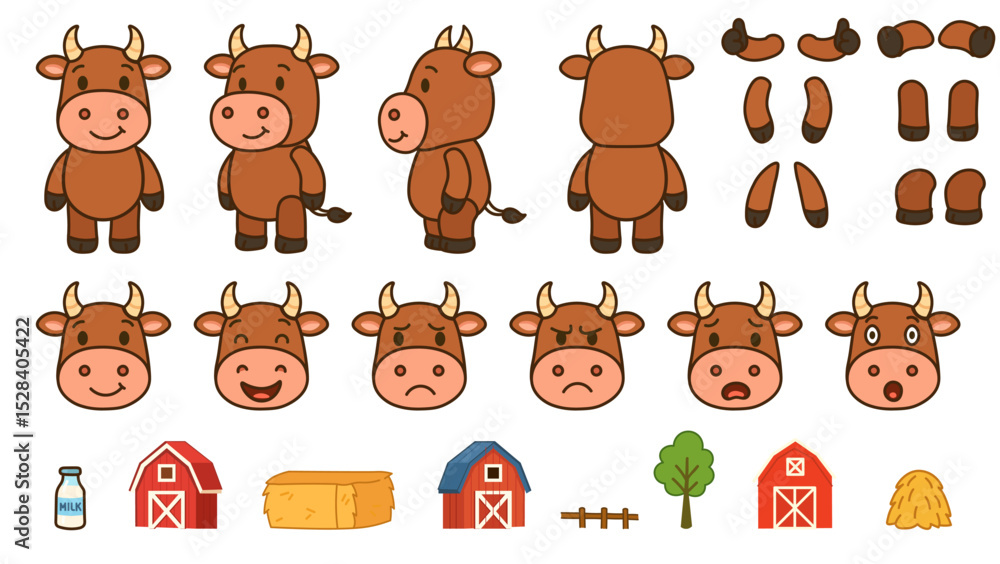 Fototapeta premium Vector set of a cute cartoon cow character with different poses, facial expressions, and farm elements. Perfect for animation, games, stickers, and children