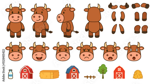 Vector set of a cute cartoon cow character with different poses, facial expressions, and farm elements. Perfect for animation, games, stickers, and children