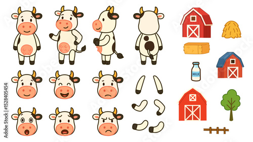 Spotted Cartoon Cow Character Kit with Facial Expressions and Farm Items. Great for animations, children’s books, farm-themed illustrations, and design kit