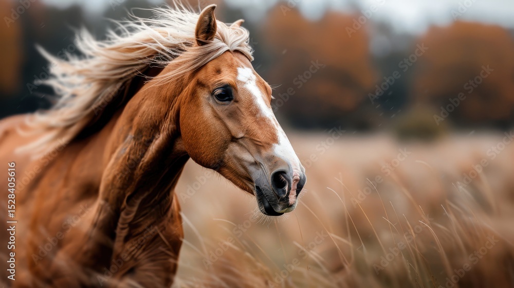 Obraz premium A stunning chestnut horse gallops through a golden meadow, showcasing its power and beauty against a backdrop of autumn foliage and blurred grass swaying in the wind.