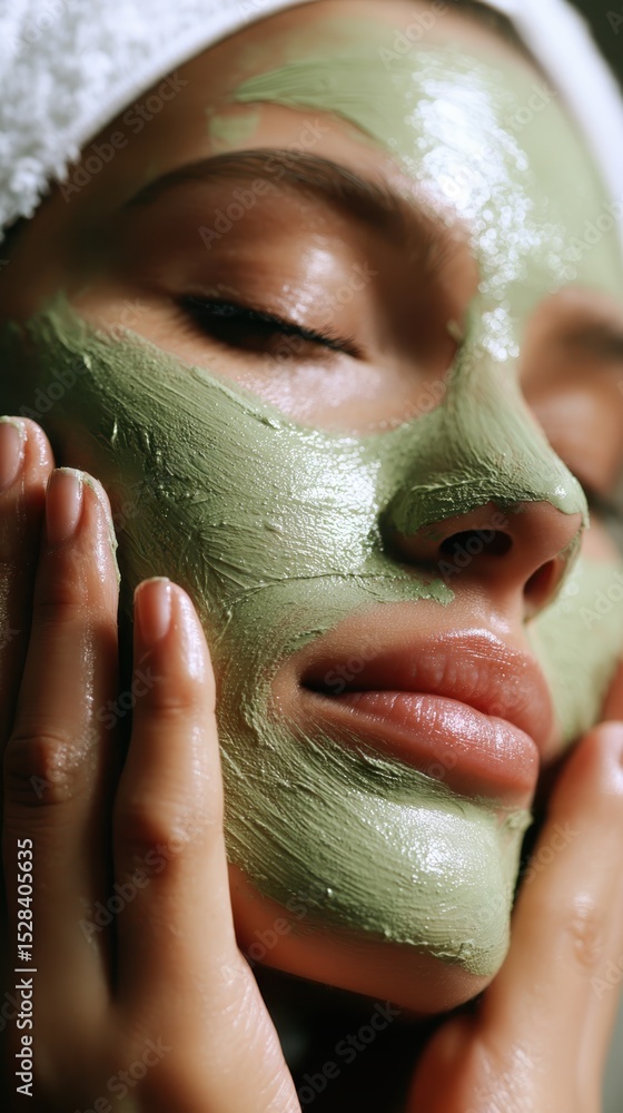 Green clay mask applying by professional beautician on relaxed female client with closed eyes during luxury spa facial treatment, skin rejuvenation process Green clay mask applying by professional beautician on relaxed female client with closed eyes during luxury spa facial treatment, skin rejuvenation process