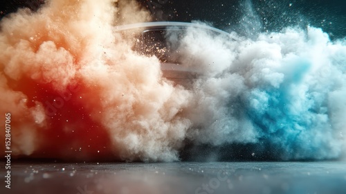 A powerful visual of a colored smoke explosion, combining red and blue hues, creating an impactful dynamic scene evoking feelings of energy and motion.