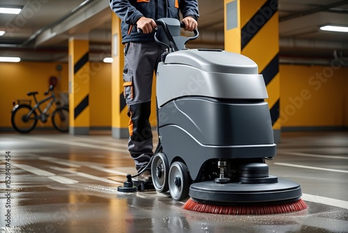 Industrial floor cleaning in underground parking garage with high-performance equipment