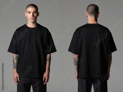 Minimalist fashion: front and back view of unisex black t shirt design for apparel mockup