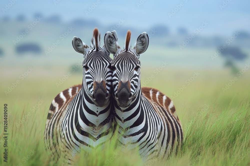 Fototapeta premium Two zebras in the grass, one facing the camera and hugging the other zebra from behind, with a misty background Generative AI