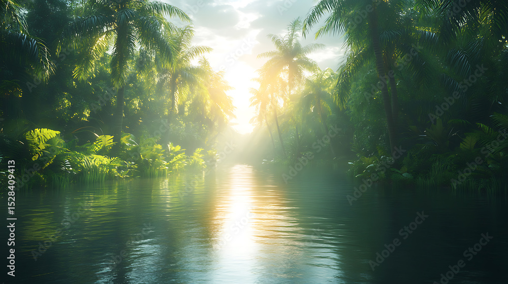 Fototapeta premium Serene Tropical River at Sunrise Lush Jungle Paradise