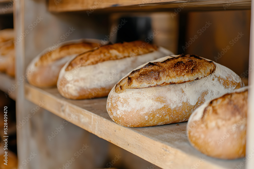 Sourdough bread with crispy crust on wooden shelf. Bakery goods Sourdough bread with crispy crust on wooden shelf. Bakery goods