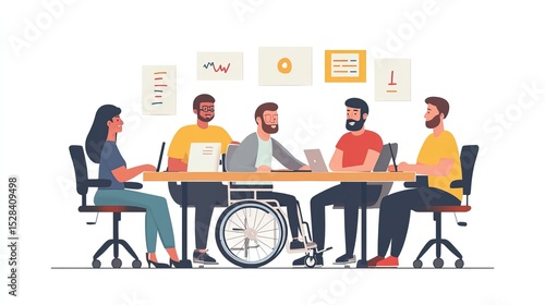 A diverse business team in a meeting discussing ideas, including individuals with disabilities. AI generated image