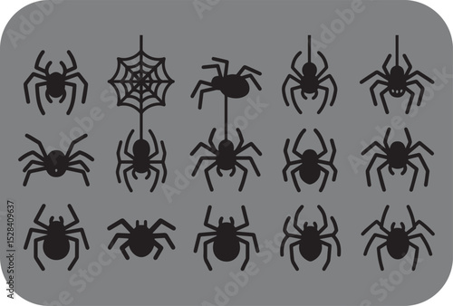 Eerie Array of Arachnids A Spooky Collection of Black Spider Silhouettes and a Web Perfect for Halloween Decorations and Creepy Crawly Designs on a Gray