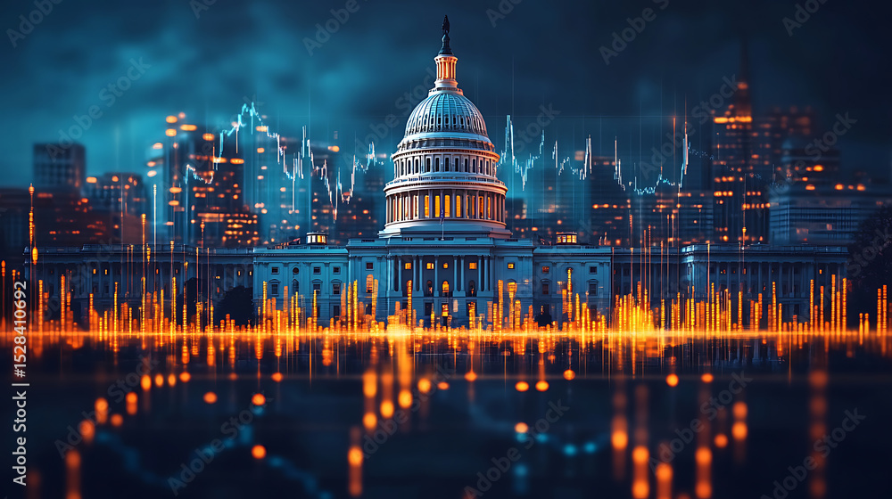 Fototapeta premium US Capitol Building at Night with Stock Market Data Overlay