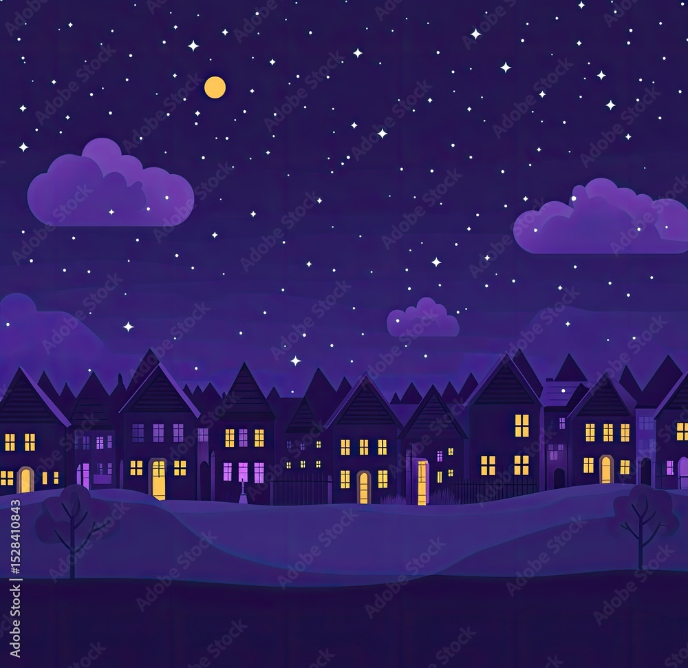 Fototapeta premium A serene night-time cityscape with cozy houses under a star-studded sky