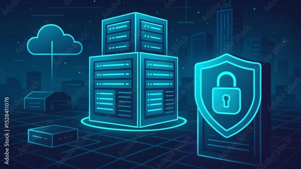 A futuristic digital illustration featuring server stacks, cloud computing, and security icons, representing modern data storage and cybersecurity solutions in a sleek design.