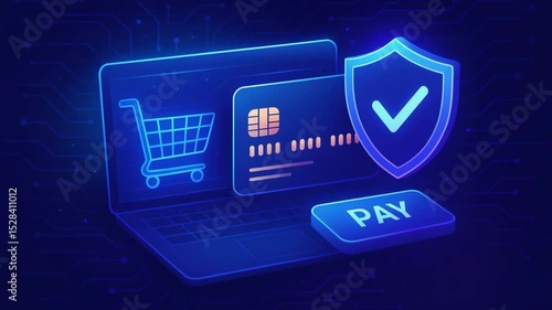 Modern digital payment concept featuring a laptop, shopping cart, credit card, and secure transaction button