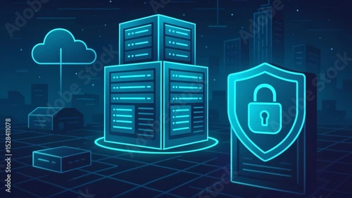 A futuristic digital illustration featuring server stacks, cloud computing, and security icons, representing modern data storage and cybersecurity solutions in a sleek design.