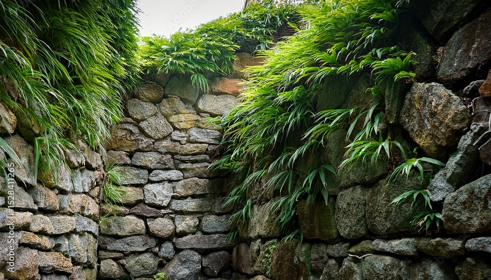 lush green plants grow through stone wall lush green plants grow through stone wall