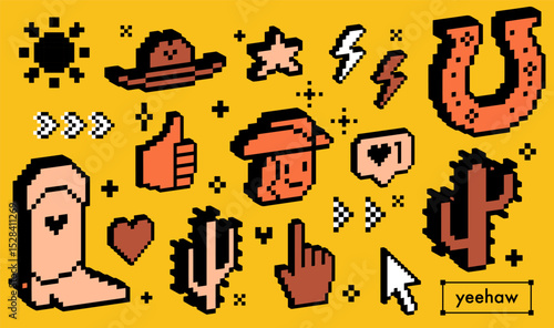A set of pixel art icons with 3d effect. Digital wild west stickers. Cowboy hat, cowboy boot, cactus, horseshoe, heart, star and cute digital objects. 8 bit style retro elements for gaming interface