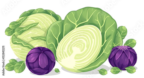 Cabbage vector, Cabbage illustration, Green cabbage icon, Fresh cabbage clipart, Whole cabbage vector, Sliced cabbage vector, Organic cabbage, Cabbage vegetable icon, Hand-drawn cabbage, Cabbage flat 