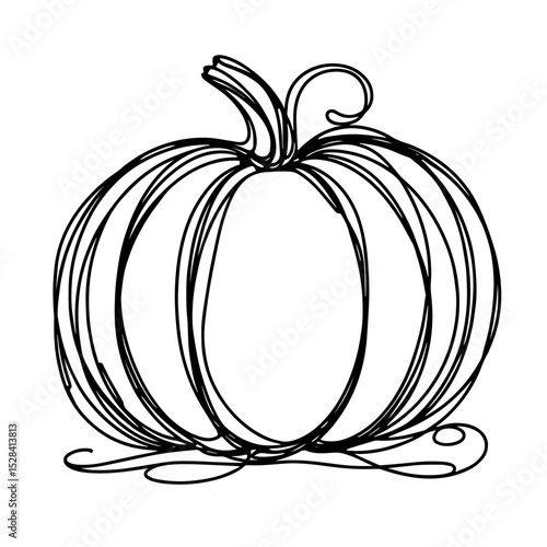 Black and white outlined pumpkin illustration with swirls and curves on a plain background, seasonal concept of autumn decor or Halloween