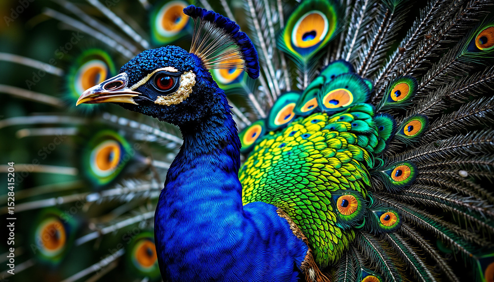 Fototapeta premium Vibrant peacock displaying colorful feathers in natural setting 