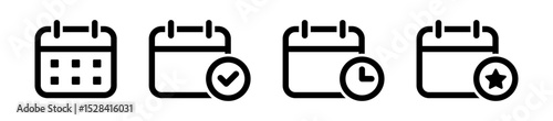 Calendar date icon set. date time icon. date checkmark icon tick symbol, starred date icon with star symbol. representing schedules, events, planning and favorites. verified dates, important scheduled