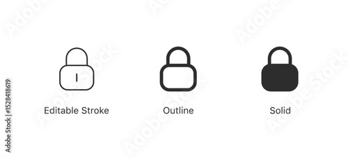 A set of lock icons padlock symbol for security, privacy, and locked access in editable stroke, outline, and solid styles, symbolizing security and protection. Ideal for privacy and tech designs