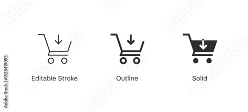 add to shopping cart icon with arrow down sign - shop basket symbol, buy and sale shopping trolley icon symbol in three styles: editable stroke, outline, and solid, flat style