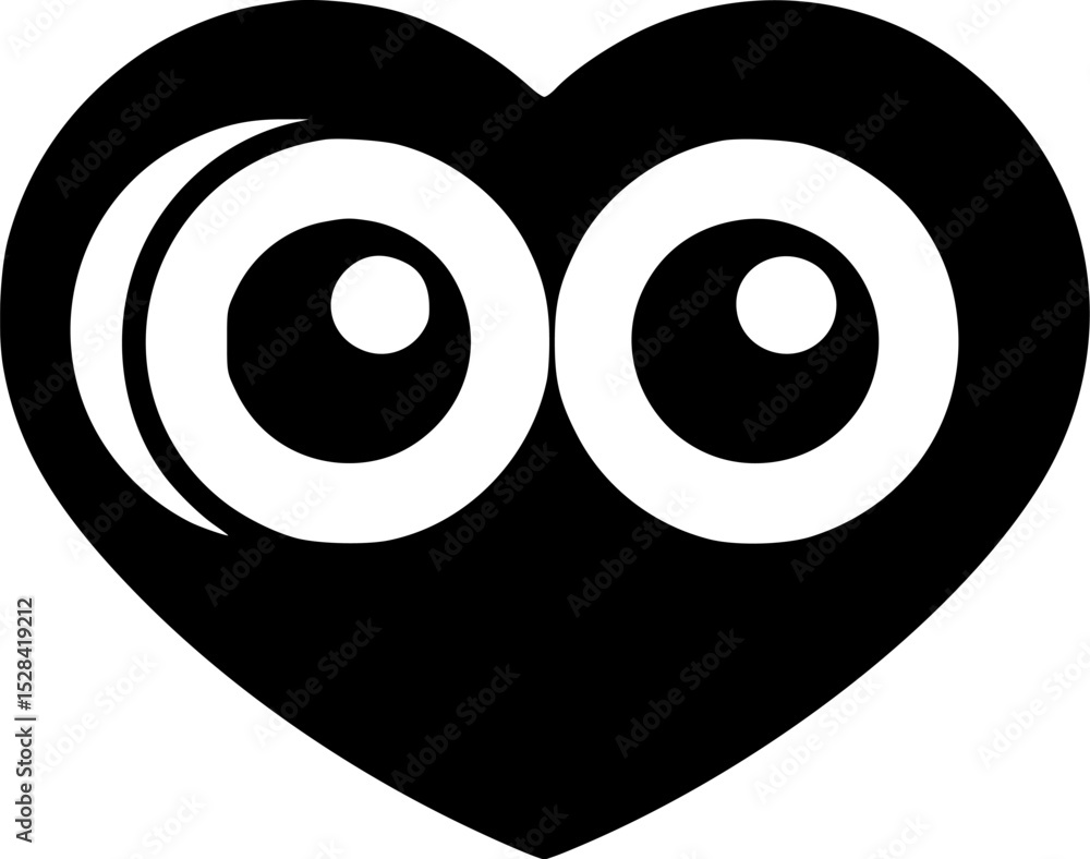 A black heart shape with large, cartoon eyes. A black heart shape with large, cartoon eyes.