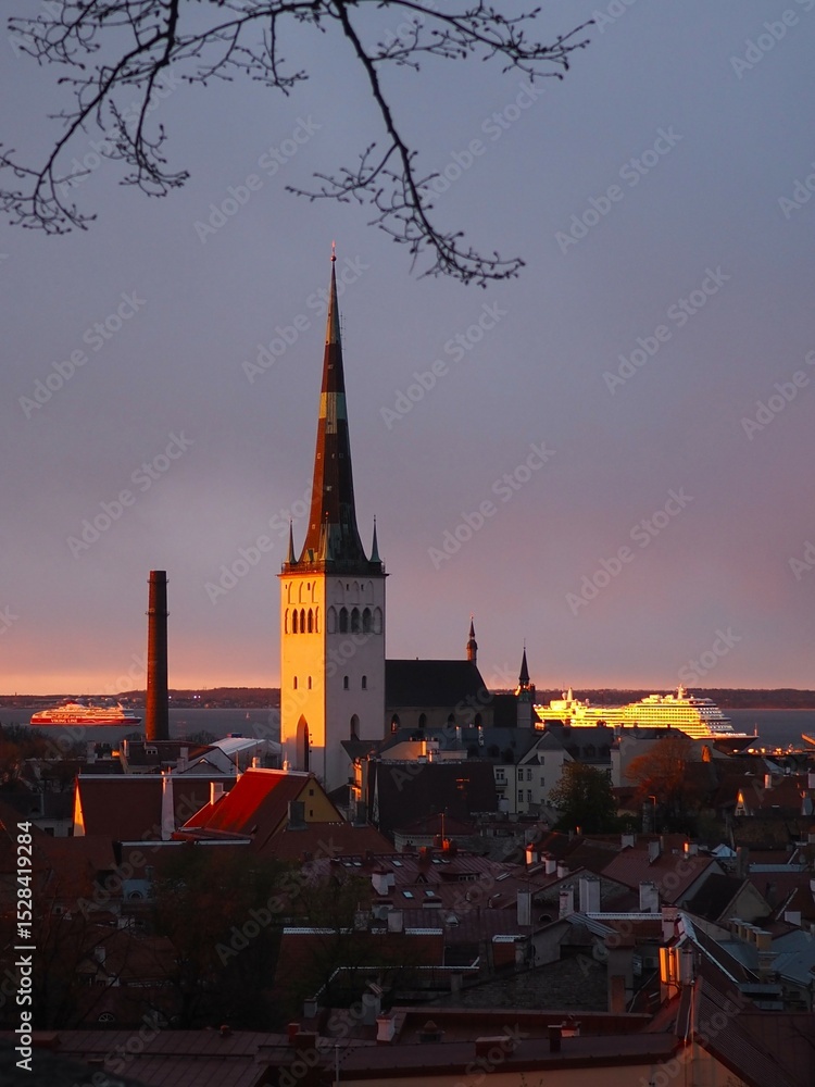 Obraz premium Panoramic view of the city skyline of the old town of Tallinn, Estonia. The spire of St. Olaf's Church during the golden hour at sunset.