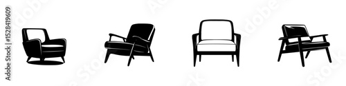 Icon set of modern armchair designs showcasing various styles and shapes in a monochrome color scheme for interior decoration