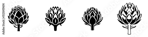 Icon set showcasing various styles of artichoke illustrations in minimalist black and white design