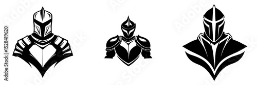 Icon set featuring three armored knight designs in bold style for various applications including gaming and branding