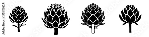 Artful collection of black and white artichoke icons showcasing unique shapes and designs suitable for diverse graphic projects