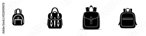 Collection of stylish backpack icons designed for various activities and preferences in a simplistic black and white style