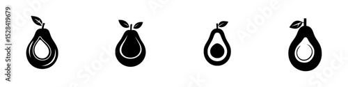 Collection of simplistic avocado icons representing various stages of ripeness and cut shapes for use in design projects
