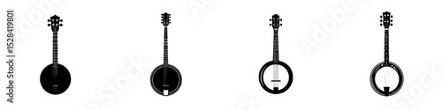 Unique icon set featuring various banjo designs in minimalist black and white style for creative projects and applications
